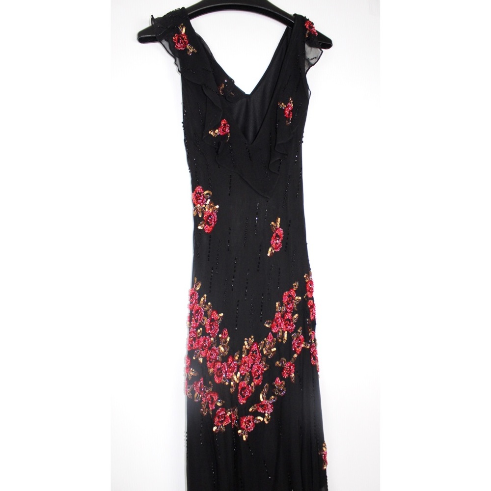 Danza Silk Floral Beaded Hi Low Dress VNeck Ruffle - Picture 4 of 8